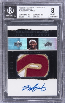 2003-04 UD Exquisite Collection "Limited Logos" #LJ LeBron James Signed Game Used Patch Rookie Card (#12/75) – BGS NM-MT 8/BGS 10